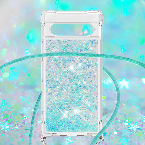 Coque Silicone Housse Etui Gel Bling-Bling avec Laniere Strap S03 pour Google Pixel 7a 5G Bleu Ciel