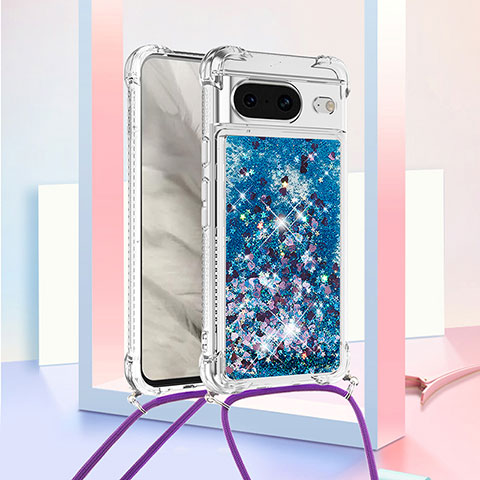 Coque Silicone Housse Etui Gel Bling-Bling avec Laniere Strap S03 pour Google Pixel 8 5G Bleu