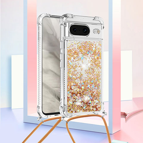 Coque Silicone Housse Etui Gel Bling-Bling avec Laniere Strap S03 pour Google Pixel 8 5G Or