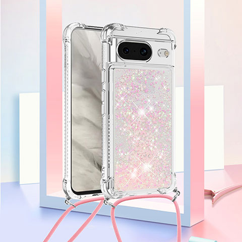 Coque Silicone Housse Etui Gel Bling-Bling avec Laniere Strap S03 pour Google Pixel 8 5G Rose