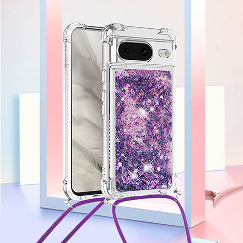 Coque Silicone Housse Etui Gel Bling-Bling avec Laniere Strap S03 pour Google Pixel 8 5G Violet