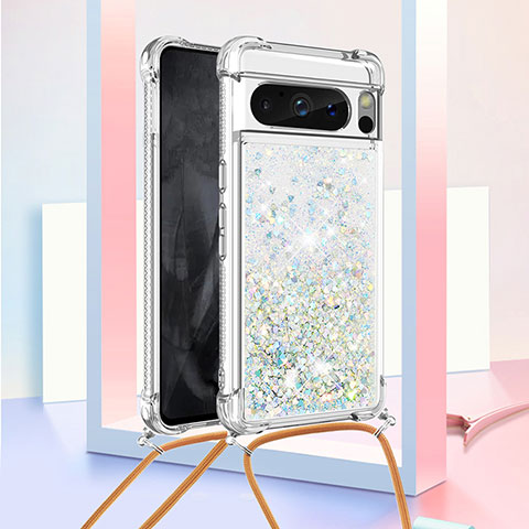 Coque Silicone Housse Etui Gel Bling-Bling avec Laniere Strap S03 pour Google Pixel 8 Pro 5G Argent