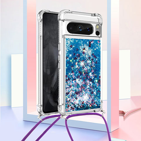 Coque Silicone Housse Etui Gel Bling-Bling avec Laniere Strap S03 pour Google Pixel 8 Pro 5G Bleu