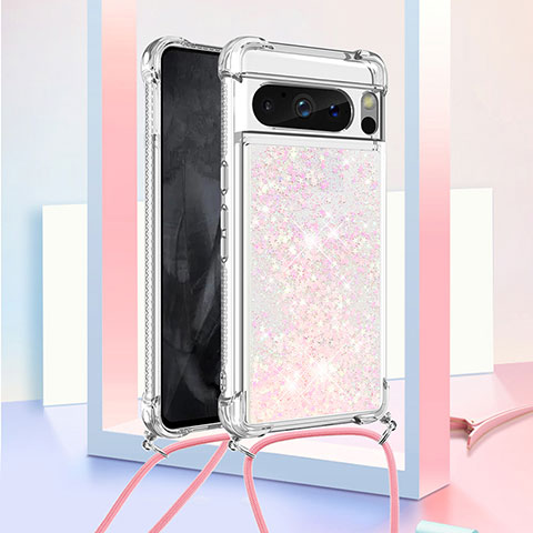 Coque Silicone Housse Etui Gel Bling-Bling avec Laniere Strap S03 pour Google Pixel 8 Pro 5G Rose