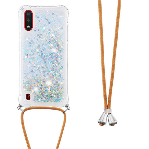 Coque Silicone Housse Etui Gel Bling-Bling avec Laniere Strap S03 pour Samsung Galaxy A01 SM-A015 Argent