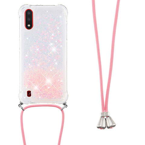 Coque Silicone Housse Etui Gel Bling-Bling avec Laniere Strap S03 pour Samsung Galaxy A01 SM-A015 Rose