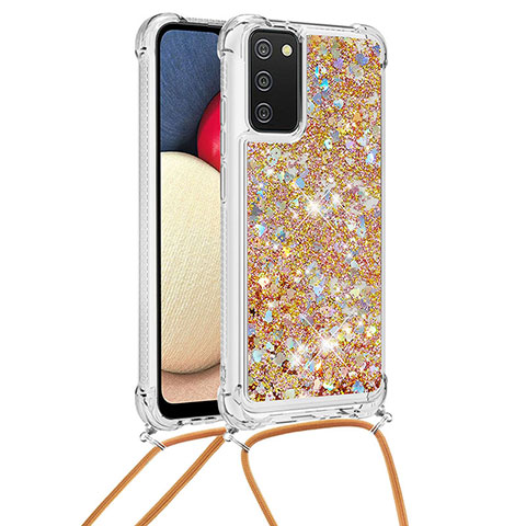 Coque Silicone Housse Etui Gel Bling-Bling avec Laniere Strap S03 pour Samsung Galaxy A02s Or