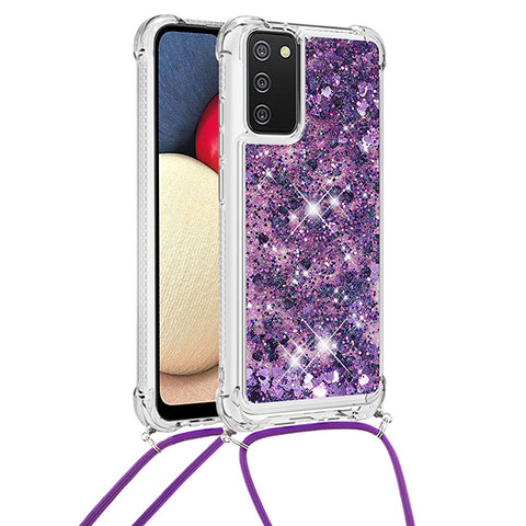 Coque Silicone Housse Etui Gel Bling-Bling avec Laniere Strap S03 pour Samsung Galaxy A03s Violet