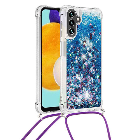 Coque Silicone Housse Etui Gel Bling-Bling avec Laniere Strap S03 pour Samsung Galaxy A04s Bleu