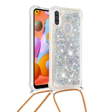 Coque Silicone Housse Etui Gel Bling-Bling avec Laniere Strap S03 pour Samsung Galaxy A11 Argent