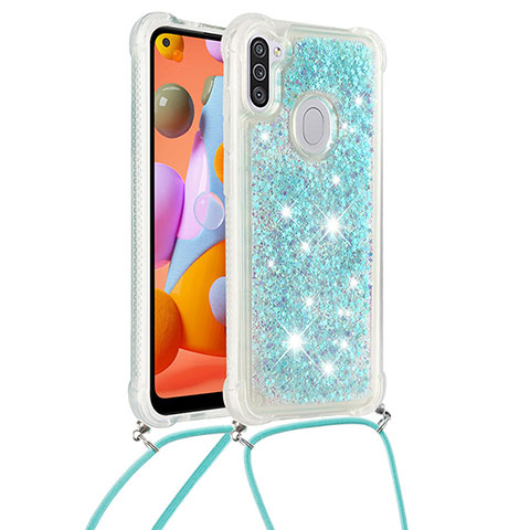 Coque Silicone Housse Etui Gel Bling-Bling avec Laniere Strap S03 pour Samsung Galaxy A11 Bleu Ciel