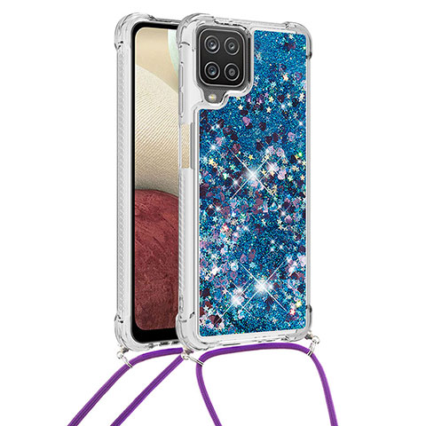 Coque Silicone Housse Etui Gel Bling-Bling avec Laniere Strap S03 pour Samsung Galaxy A12 5G Bleu