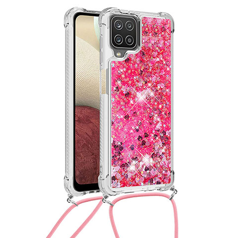 Coque Silicone Housse Etui Gel Bling-Bling avec Laniere Strap S03 pour Samsung Galaxy A12 5G Rose Rouge