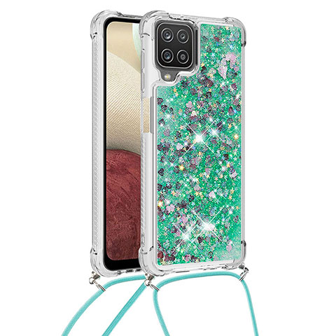 Coque Silicone Housse Etui Gel Bling-Bling avec Laniere Strap S03 pour Samsung Galaxy A12 5G Vert