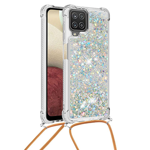 Coque Silicone Housse Etui Gel Bling-Bling avec Laniere Strap S03 pour Samsung Galaxy A12 Argent