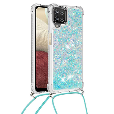 Coque Silicone Housse Etui Gel Bling-Bling avec Laniere Strap S03 pour Samsung Galaxy A12 Bleu Ciel