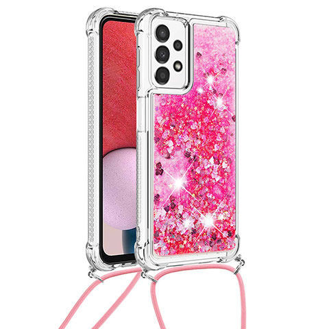 Coque Silicone Housse Etui Gel Bling-Bling avec Laniere Strap S03 pour Samsung Galaxy A13 4G Rose Rouge