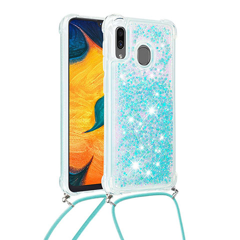 Coque Silicone Housse Etui Gel Bling-Bling avec Laniere Strap S03 pour Samsung Galaxy A20 Bleu Ciel