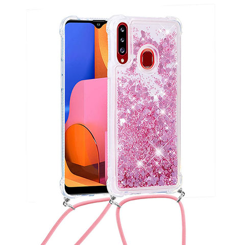 Coque Silicone Housse Etui Gel Bling-Bling avec Laniere Strap S03 pour Samsung Galaxy A20s Rouge