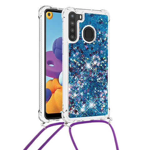 Coque Silicone Housse Etui Gel Bling-Bling avec Laniere Strap S03 pour Samsung Galaxy A21 Bleu