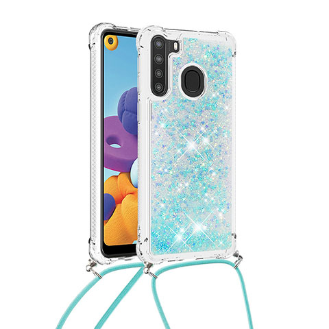 Coque Silicone Housse Etui Gel Bling-Bling avec Laniere Strap S03 pour Samsung Galaxy A21 Bleu Ciel