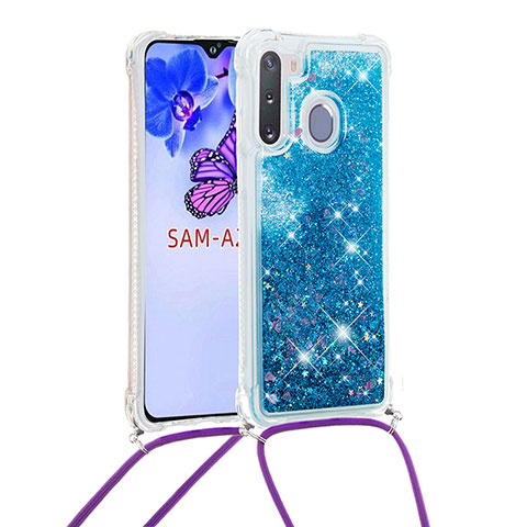 Coque Silicone Housse Etui Gel Bling-Bling avec Laniere Strap S03 pour Samsung Galaxy A21 European Bleu