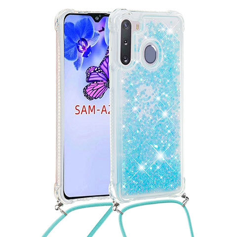 Coque Silicone Housse Etui Gel Bling-Bling avec Laniere Strap S03 pour Samsung Galaxy A21 European Bleu Ciel