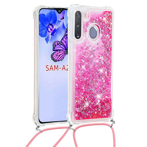 Coque Silicone Housse Etui Gel Bling-Bling avec Laniere Strap S03 pour Samsung Galaxy A21 European Rose Rouge