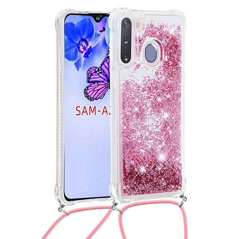 Coque Silicone Housse Etui Gel Bling-Bling avec Laniere Strap S03 pour Samsung Galaxy A21 European Rouge