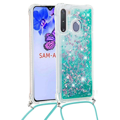 Coque Silicone Housse Etui Gel Bling-Bling avec Laniere Strap S03 pour Samsung Galaxy A21 European Vert