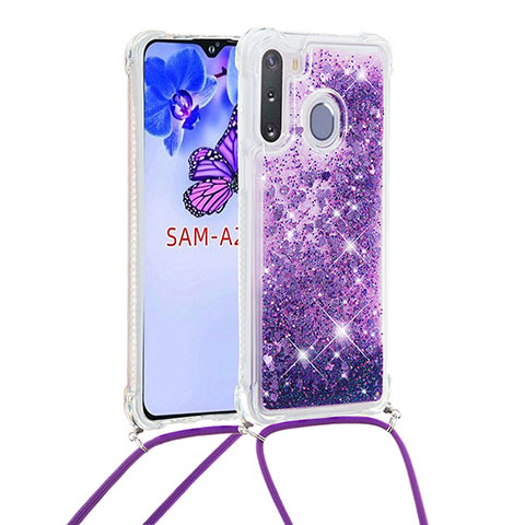 Coque Silicone Housse Etui Gel Bling-Bling avec Laniere Strap S03 pour Samsung Galaxy A21 European Violet
