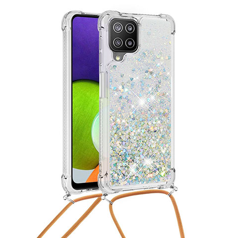 Coque Silicone Housse Etui Gel Bling-Bling avec Laniere Strap S03 pour Samsung Galaxy A22 4G Argent