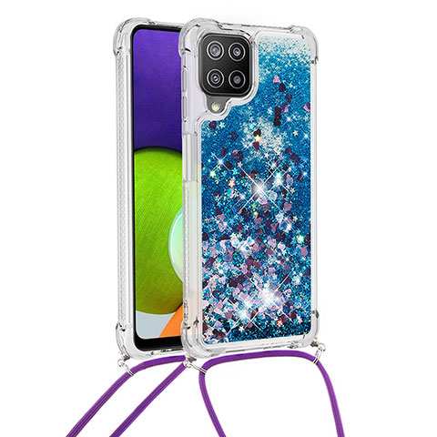 Coque Silicone Housse Etui Gel Bling-Bling avec Laniere Strap S03 pour Samsung Galaxy A22 4G Bleu