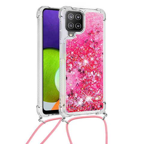 Coque Silicone Housse Etui Gel Bling-Bling avec Laniere Strap S03 pour Samsung Galaxy A22 4G Rose Rouge
