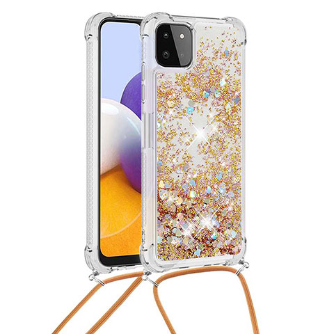 Coque Silicone Housse Etui Gel Bling-Bling avec Laniere Strap S03 pour Samsung Galaxy A22 5G Or