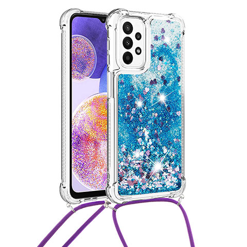 Coque Silicone Housse Etui Gel Bling-Bling avec Laniere Strap S03 pour Samsung Galaxy A23 5G Bleu