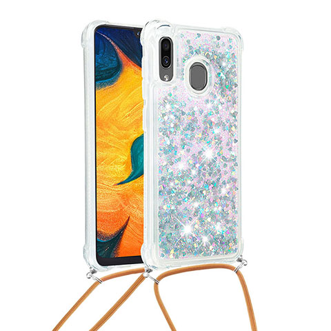 Coque Silicone Housse Etui Gel Bling-Bling avec Laniere Strap S03 pour Samsung Galaxy A30 Argent