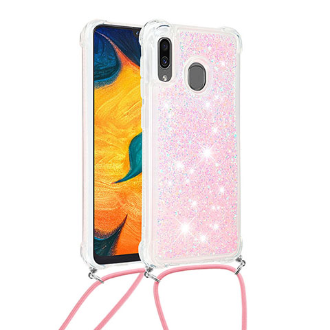 Coque Silicone Housse Etui Gel Bling-Bling avec Laniere Strap S03 pour Samsung Galaxy A30 Rose