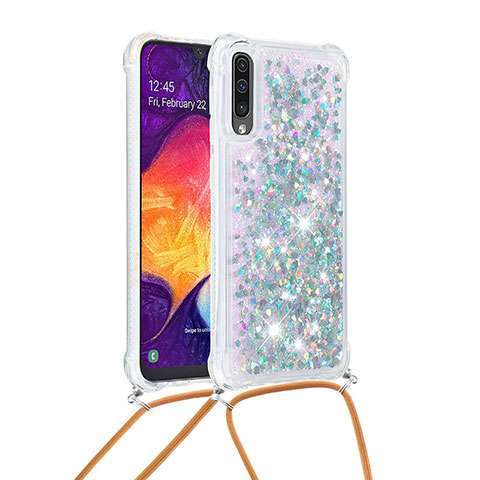 Coque Silicone Housse Etui Gel Bling-Bling avec Laniere Strap S03 pour Samsung Galaxy A30S Argent