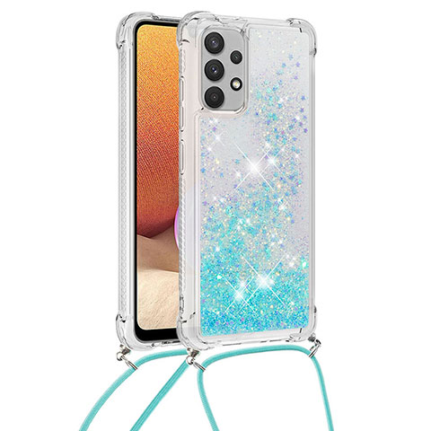 Coque Silicone Housse Etui Gel Bling-Bling avec Laniere Strap S03 pour Samsung Galaxy A32 5G Bleu Ciel