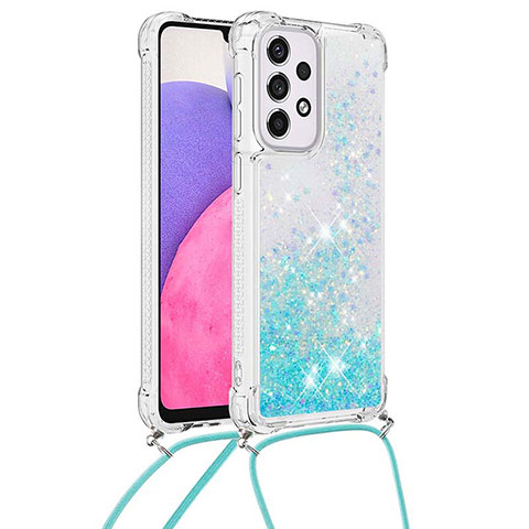 Coque Silicone Housse Etui Gel Bling-Bling avec Laniere Strap S03 pour Samsung Galaxy A33 5G Bleu Ciel