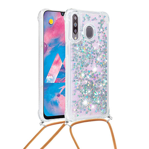 Coque Silicone Housse Etui Gel Bling-Bling avec Laniere Strap S03 pour Samsung Galaxy A40s Argent