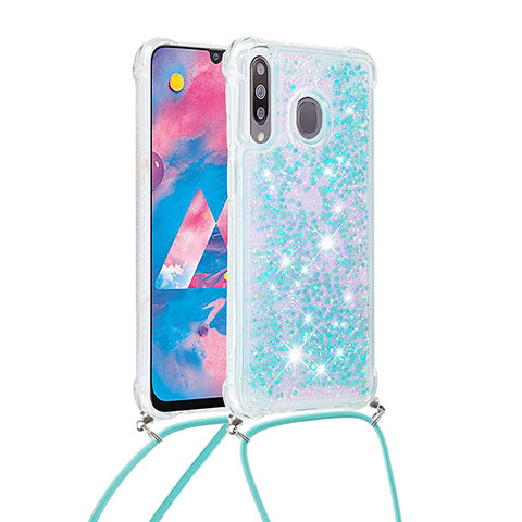 Coque Silicone Housse Etui Gel Bling-Bling avec Laniere Strap S03 pour Samsung Galaxy A40s Bleu Ciel