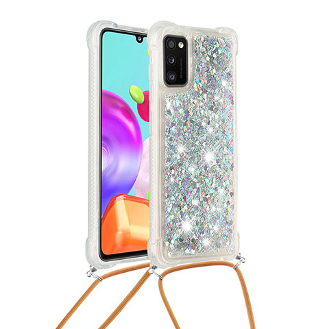 Coque Silicone Housse Etui Gel Bling-Bling avec Laniere Strap S03 pour Samsung Galaxy A41 Argent