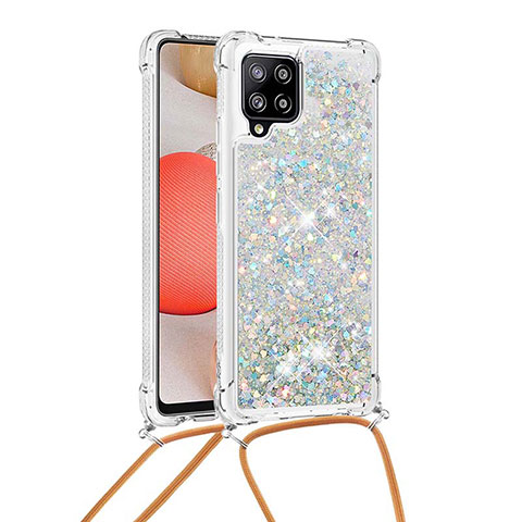 Coque Silicone Housse Etui Gel Bling-Bling avec Laniere Strap S03 pour Samsung Galaxy A42 5G Argent