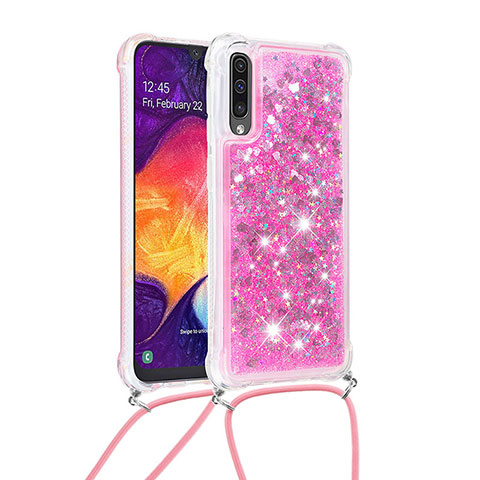 Coque Silicone Housse Etui Gel Bling-Bling avec Laniere Strap S03 pour Samsung Galaxy A50 Rose Rouge