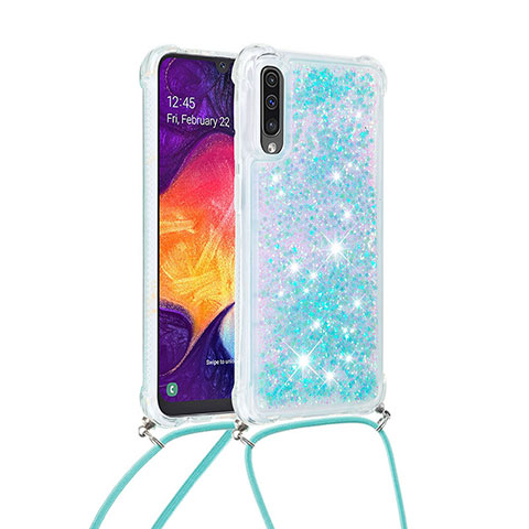 Coque Silicone Housse Etui Gel Bling-Bling avec Laniere Strap S03 pour Samsung Galaxy A50S Bleu Ciel