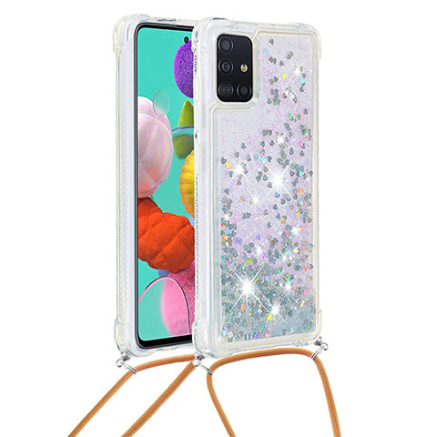 Coque Silicone Housse Etui Gel Bling-Bling avec Laniere Strap S03 pour Samsung Galaxy A51 4G Argent