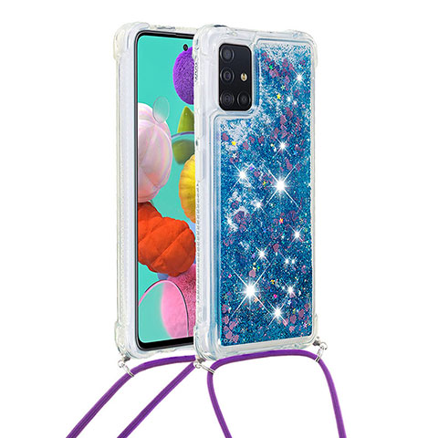 Coque Silicone Housse Etui Gel Bling-Bling avec Laniere Strap S03 pour Samsung Galaxy A51 4G Bleu