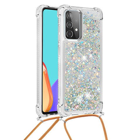 Coque Silicone Housse Etui Gel Bling-Bling avec Laniere Strap S03 pour Samsung Galaxy A52 4G Argent